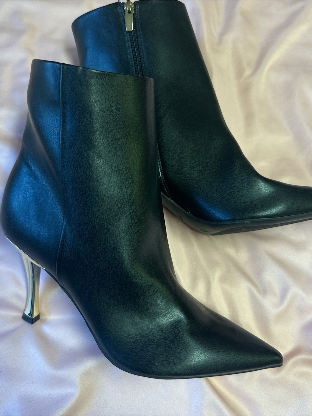 Nine West Black Leather Pointed Ankle Booties With Metallic Stiletto Heel